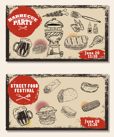 Set of bbq party invitation templates on light background. Grill, beer,meat, burger ,steak. Street food festivalのイラスト素材