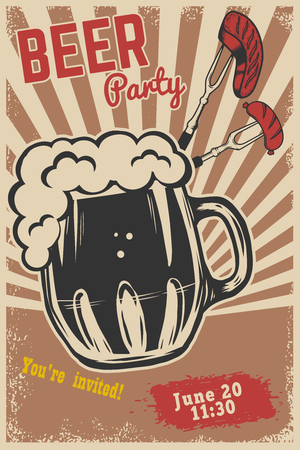 Beer party invitation template. Beer mug, fork with grilled meat and sausage on grunge background. Vector illustrationのイラスト素材