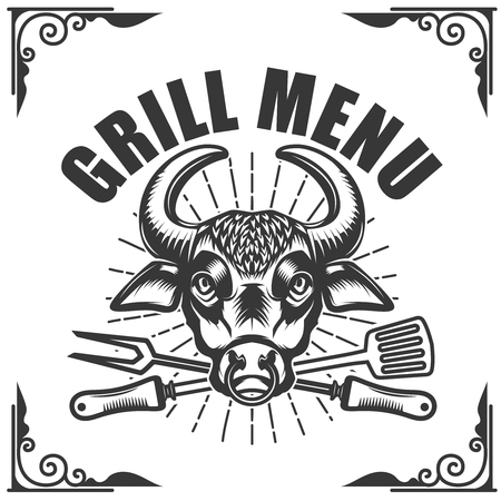 Grill menu. Bull head on white background. Vector illustrationのイラスト素材