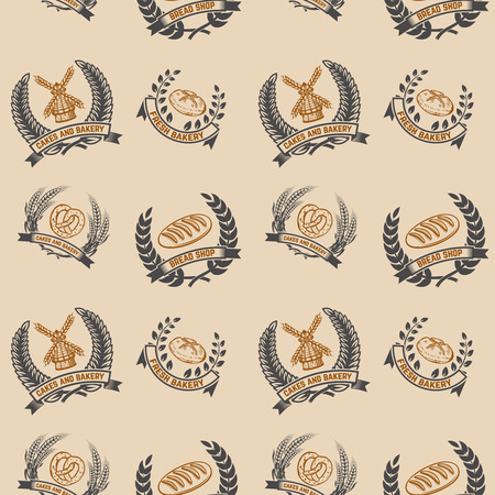 Seamless pattern with bakery emblems. Design element for poster, wrapping paper. Vector illustrationのイラスト素材
