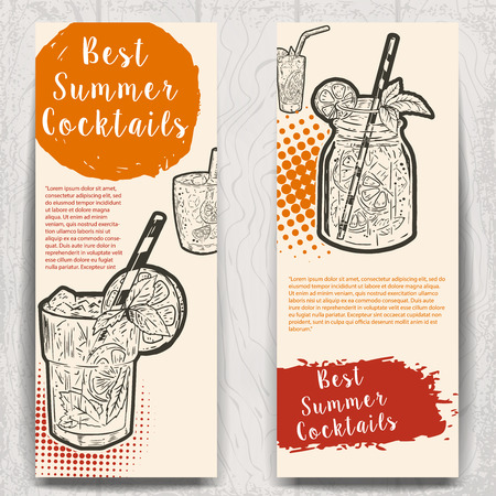 Cocktails flyers templates on wooden background.  Vector illustrationのイラスト素材