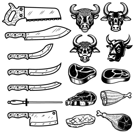 Set of butcher tools, beef, meat icons. Design elements for logo, label, emblem, sign, brand mark. Vector illustration.のイラスト素材