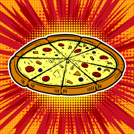 Pizza illustration on pop art background. Design element for poster, menu. Vector illustrationのイラスト素材