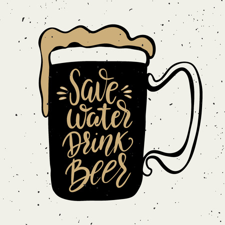 Save water drink beer. Hand drawn beer mug with lettering phrase isolated on white background. Design element for poster, card. Vector illustrationのイラスト素材