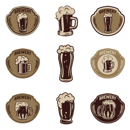 Set of beer emblems on white background. Beer mugs. Design elements for logo, label, emblem, sign. Vector illustrationのイラスト素材