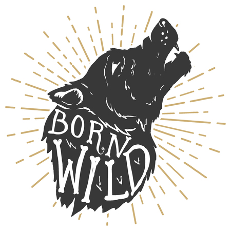Born wild. Hand drawn wolf illustration with lettering. Design element for poster, t-shirt, emblem, sign. Vector illustrationのイラスト素材