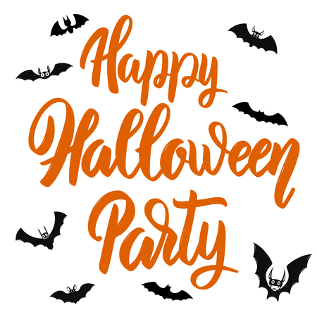 Happy halloween party. Hand drawn lettering phrase with bats illustrations. Design element for poster, card.のイラスト素材