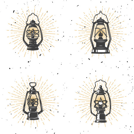 Set of vintage kerosene lamp illustration on white background. Design element for logo, label, emblem, sign. Vector illustrationのイラスト素材