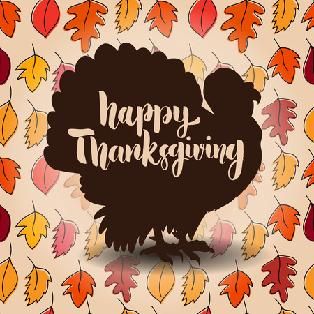 Happy Thanksgiving. Hand drawn lettering on background with leaves and turkey silhouette. Design element for poster, card, banner. Vector illustration.のイラスト素材