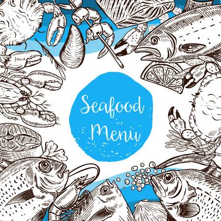 Seafood menu template. Fish, crabs, shrimp, lobster, caviar. Design elements for poster, flyer, banner, menu. Vector illustration.のイラスト素材