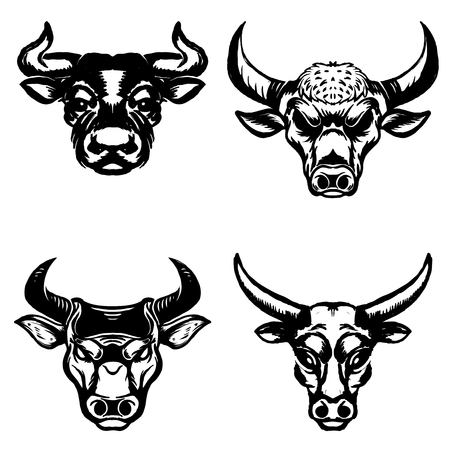 Set of hand drawn bull heads on white background. Design elements for emblem, sign, badge. Vector illustration.のイラスト素材