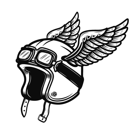 Racer helmet with wings isolated on white background. Design element for poster, logo, label, emblem, sign. Vector illustrationのイラスト素材