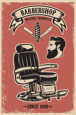 Barber shop poster template. Barber chair and tools on grunge background. Design element for emblem, sign, poster, card, banner. Vector illustrationのイラスト素材