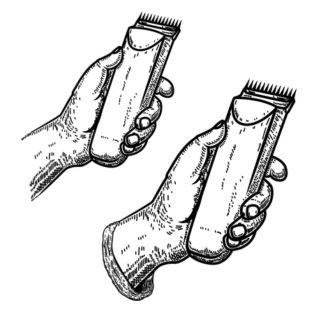 Hand with clipper.Design element for barber shop emblem, sign, poster, card,banner. Vector illustrationのイラスト素材