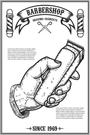 barber shop poster template. Human hand with hair clipper. Design element for card, banner, flyer. Vector illustrationのイラスト素材