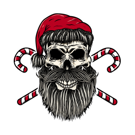 Santa claus skull with crossed christmas candies. Design element for poster, card, t shirt. Vector illustrationのイラスト素材