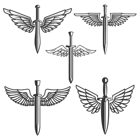 Set of swords with wings. Design elements for logo, label, emblem, sign. Vector illustrationのイラスト素材