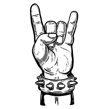 Hand drawn human hand with rock and roll sign. Design element for poster, emblem, sign, t shirt. Vector illustrationのイラスト素材