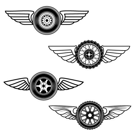 Set of winged wheels. Design element for label, emblem, sign. Vector illustrationのイラスト素材