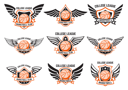 Set of winged emblems with basketball ball. Design element for logo, label, emblem, sign. Vector illustrationのイラスト素材