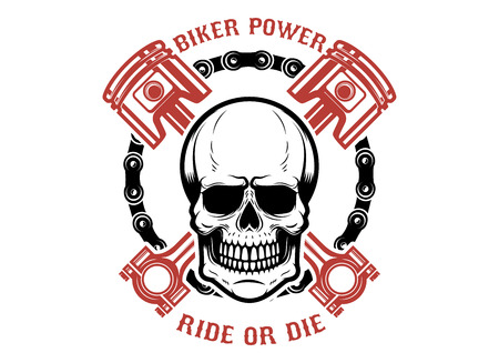 Biker power, ride or die. Human skull with crossed pistons. Design element for logo, label, emblem, sign. Vector illustrationのイラスト素材