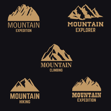 Set of mountain icons in golden style isolated on dark background. Design elements for logo, label, emblem, sign. Vector illustrationのイラスト素材