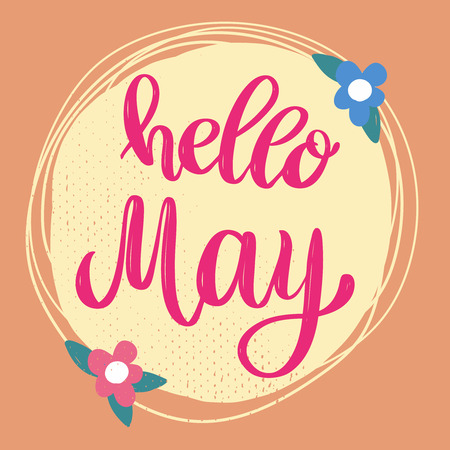 Hello May. Lettering phrase on background with flowers decoration. Design element for poster, banner, card. Vector illustrationのイラスト素材