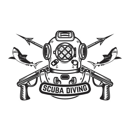 Scuba diving. Emblem template with old style diver helmet and underwater guns. Design element for logo, label, emblem, sign, badge. Vector illustrationのイラスト素材