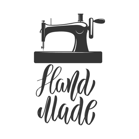 Hand made. Emblem template with sewing machine. Design element for logo, label, emblem, sign, badge. Vector illustrationのイラスト素材