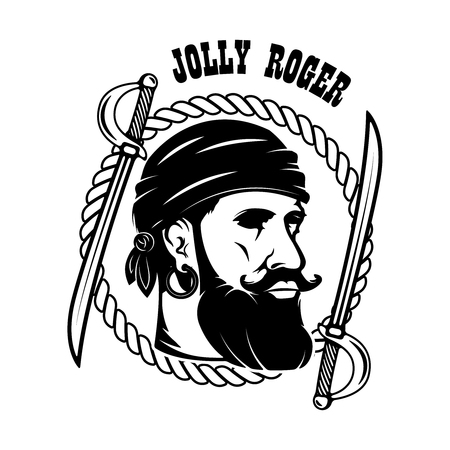 Emblem template with swords and pirate head.   Vector illustrationのイラスト素材