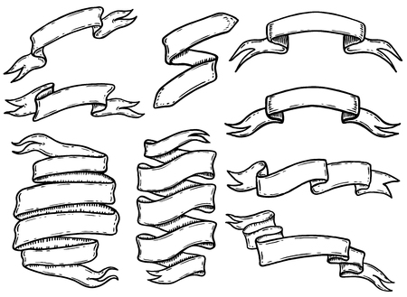 Set of hand drawn ribbons and banners. Design element for logo, label, emblem, sign, poster, t shirt. Vector illustration.のイラスト素材