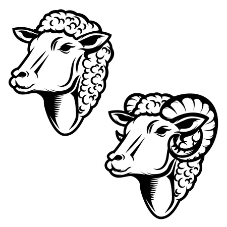 Set of sheep head illustration. Ram head. Design element for logo ,label, emblem, sign. Vector illustrationのイラスト素材