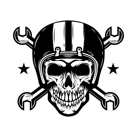 Skull in racer helmet with crossed wrenches. Design element for logo, label, emblem, sign. Vector illustrationのイラスト素材