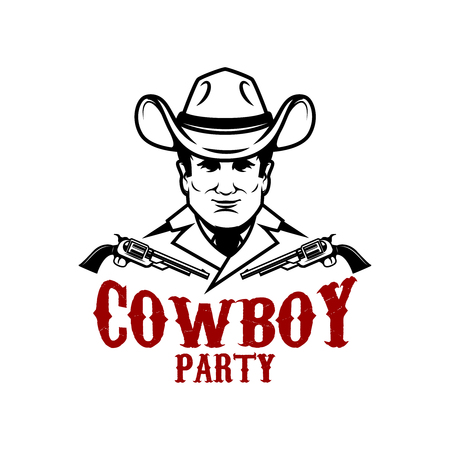 Cowboy party. Cowboy with revolvers. Design element for logo, label,sign. Vector imageのイラスト素材