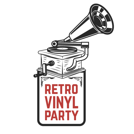 Retro vinyl party. Vintage style gramophone. Design element for icon, label, emblem, sign, badge.のイラスト素材