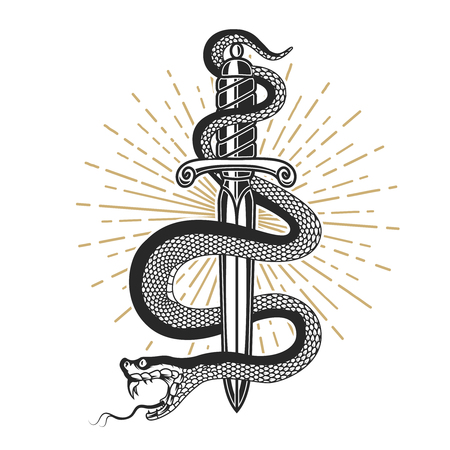 Snake on knife in tattoo style. Design element for t shirt, poster, card, emblem, sign. Vector illustrationのイラスト素材