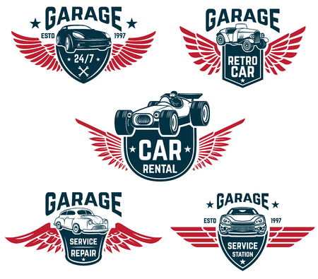 Car repair, garage, auto service emblems. Design elements for logo, label, sign. Vector imageのイラスト素材