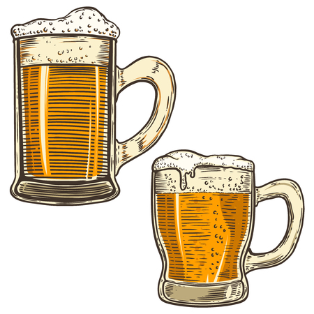 Set of hand drawn beer mug illustrations on white background. Design element for poster, card, menu, banner, flyer. Vector imageのイラスト素材