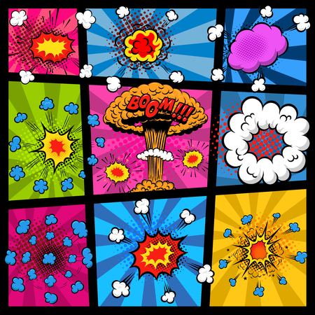 comic page mockup with different explosion bubbles. Design element for poster, print, card, banner, flyer. Vector imageのイラスト素材