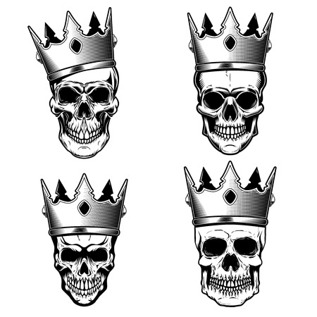 Set of human skulls with king crown. Design element for poster, print, emblem, sign.のイラスト素材