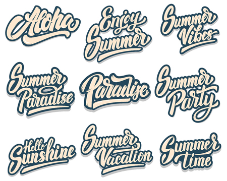 Set of summer lettering phrases. Aloha, paradise, summer party. Design element for poster, print, card, banner, flyer.のイラスト素材