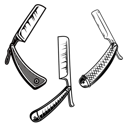 Set og retro style barber razors. Design element for poster, card, banner, sign, emblem.のイラスト素材