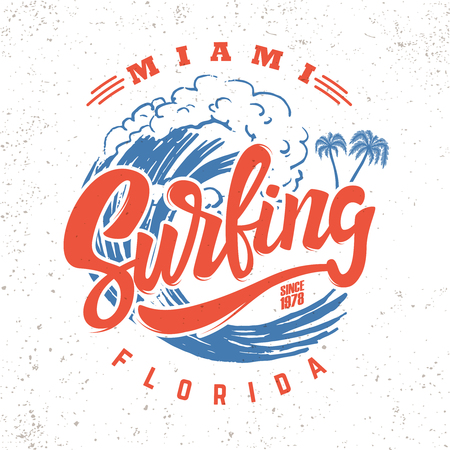 Surfing miami. Lettering phrase on background with sea wave