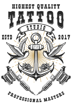 Tattoo studio poster template. Crossed tattoo machines, anchor with swallows. For poster, print, card, banner. Vector imageのイラスト素材