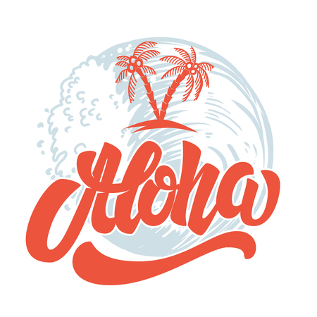 Aloha. Hand drawn lettering with sea waves background. Design element for poster, print, card, emblem, sign.の写真素材
