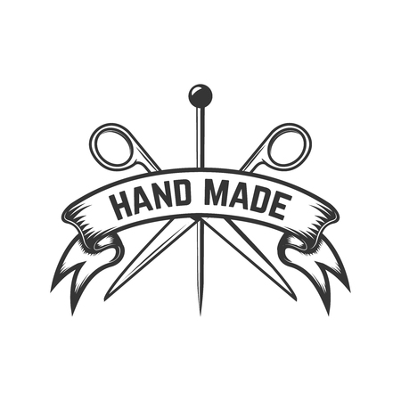 Handmade. Emblem template with scissors and needles. Design element for sign, label.のイラスト素材