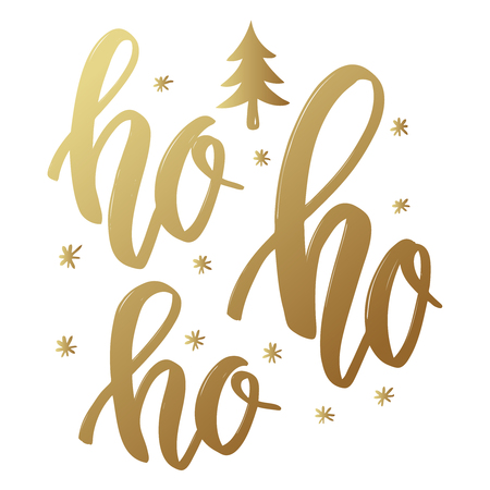 Ho ho ho. Lettering phrase in golden style on white background. Design element for poster, greeting card. Vector illustration