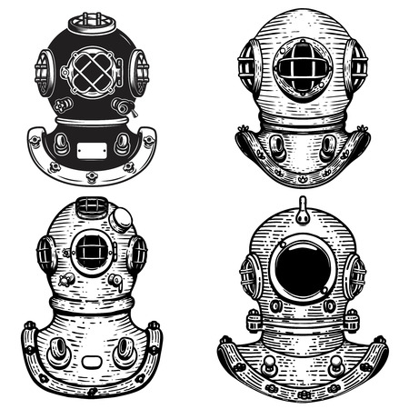 Set of retro style diver helmets. Design elements for logo, label, emblem, sign. Vector illustrationのイラスト素材
