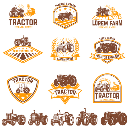 Set of tractor emblems. Farmers market. Design element for logo, label, sign. Vector illustration