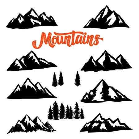 Set of mountain peaks illustrations on white background. Design element for logo, label, emblem, sign. Vector image